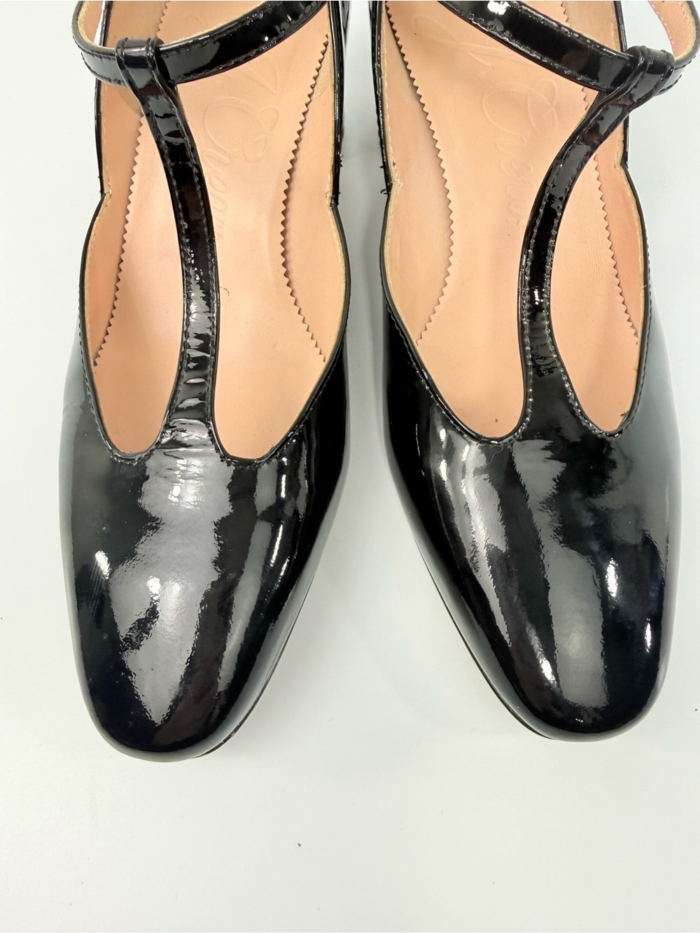 J. Crew MILLIE Black Patent Leather Glossy T Strap Block Heel Classic Shoes - Picture 7 of 15